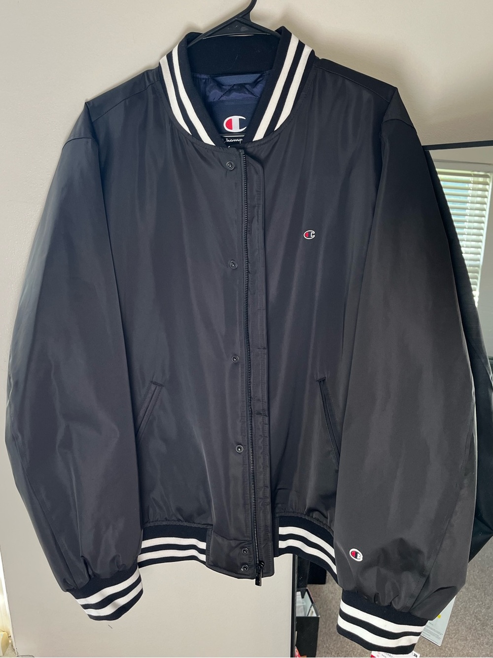 Champion Black Varsity Bomber Jacket with White Striped Trim